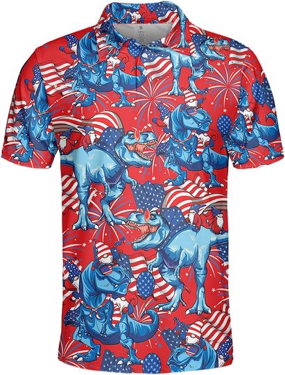 Discover Gopory Dinosaur Golf Shirts for Men Patriotic American Flag Polo Shirts