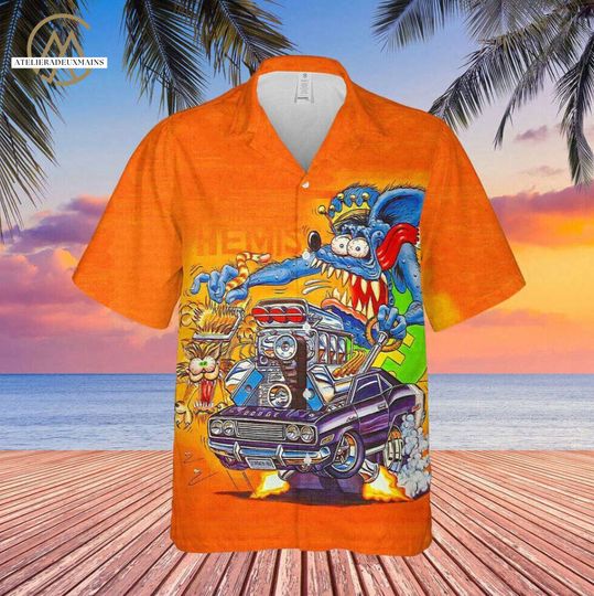 Discover Rat Fink Button Shirt Hot Rod Unisex Hawaiian Shirt, Rat Fink Hot Rod Hawaiian Shirt