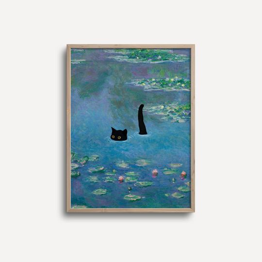 Discover Cat Print Monet Waterlily Funny Gift Poster