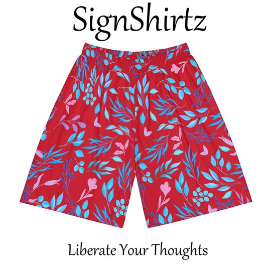Discover Blue Pink Floral Artistic Pattern Design - Men's Red Athletic All Over Print Sports Shorts
