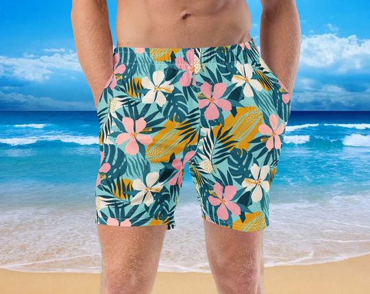 Discover Mens Swim Trunks - Floral #1 - Hibiscus Tropical Flowers Island Hawaiian Floral Pink