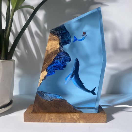 Discover Whale And Mermaid resin night light,Epoxy and Wooden Night Lights, Lighting Home Decor, Ocean Resin Lamp, Birthday Gifts