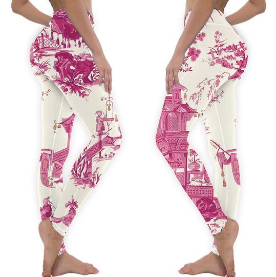 Discover Toile de Jouy Pink Chinoiserie Tea House Pagoda Leggings