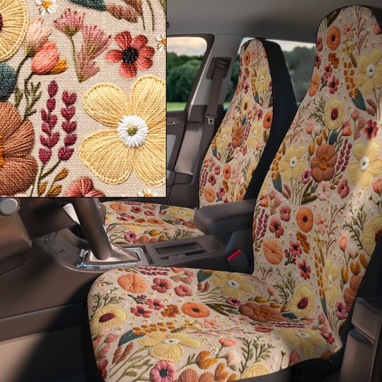 Discover Faux embroidery print wildflower car seat covers for vehicle, cottagecore boho floral