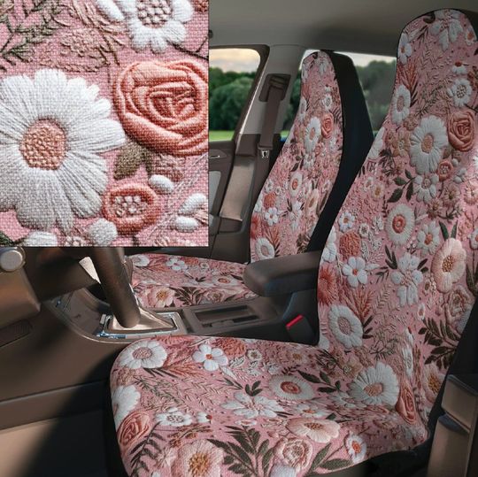 Discover FAUX embroidery pink floral boho car seat covers for vehicle, cottage core aesthetic, flower cute car accessories