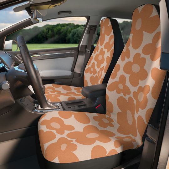 Discover Orange floral front car seat covers for vehicles, y2k gen z aesthetic, cute car accessories for women, flower power, new driver gift