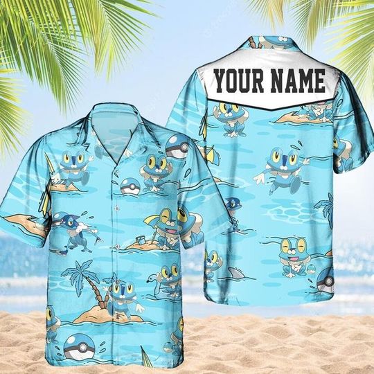 Discover Custom PKM Froakie Hawaiian Pattern Hawaii Shirt, Aloha Anime Frogadier Button Up Shirt