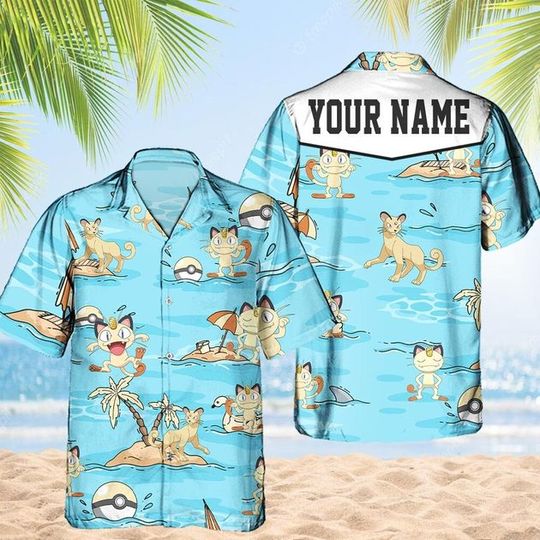 Discover Custom PKM Meowth Hawaiian Pattern Hawaii Shirt, Aloha Anime Persian Button Up Shirt