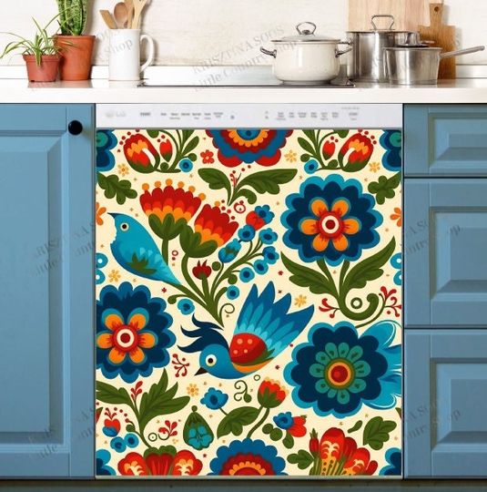 Discover Kitchen Dishwasher Cover - Colorful Polish Folklore Design with Birds