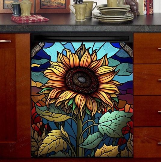 Discover Kitchen Dishwasher Cover - Beautiful Stained Glass Sunflower