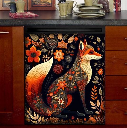 Discover Kitchen Dishwasher Cover - Beautiful Folk Fox and Flowers