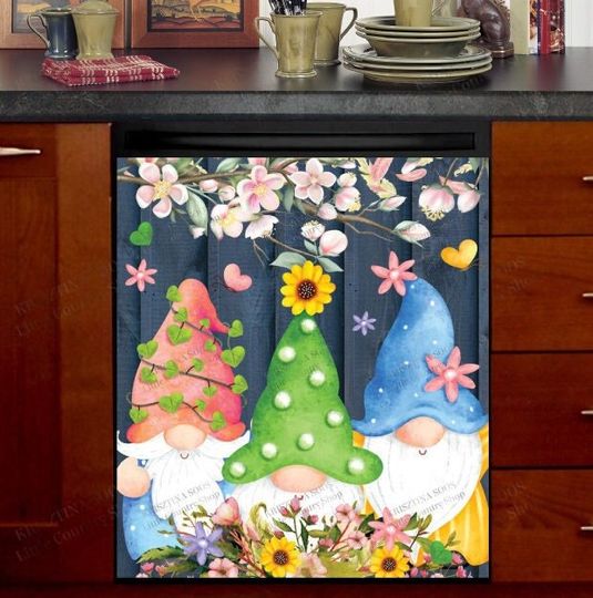 Discover Kitchen Dishwasher Cover - Cute Springtime Gnomes with Flowers