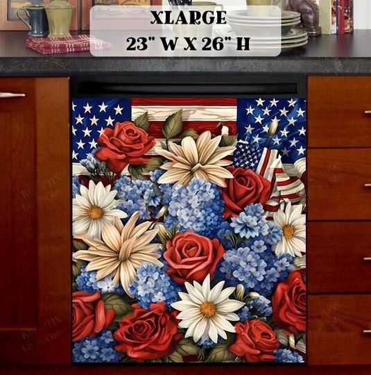 Discover Kitchen Dishwasher  Cover - American Flag and Flowers