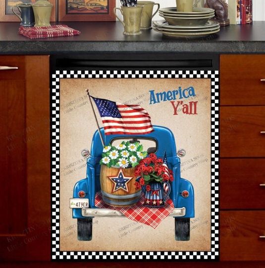 Discover Kitchen Dishwasher  Cover - All American Patriot Truck with Flag and Flowers