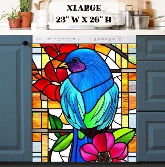 Discover Kitchen Dishwasher Cover - Colorful Stained Glass Bird Pattern