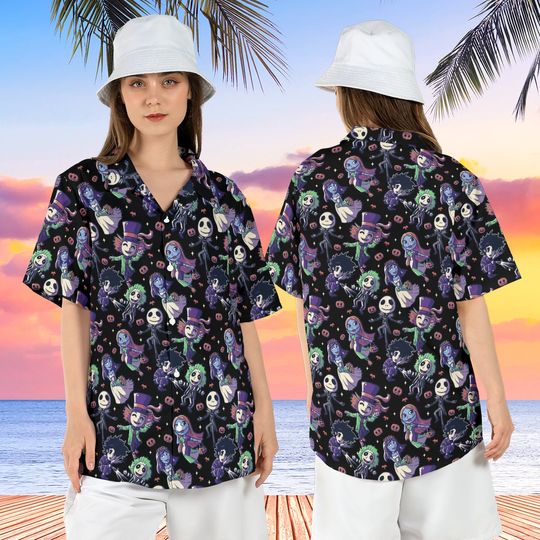 Discover Horror Movies Hawaiian Shirt, Nightmare Before Christmas Hawaii Shirt, Beetlejuice Corpse Bride Aloha Shirt, Horror Fans Button Up Shirt
