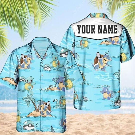 Discover Custom PKM Squirtle Hawaiian Pattern Hawaii Shirt, Aloha Anime Blastoise Button Up Shirt