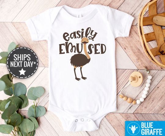 Discover Funny Emu Baby Onesie, Easily Emu-sed Baby Bodysuit, Funny Animal Onesie