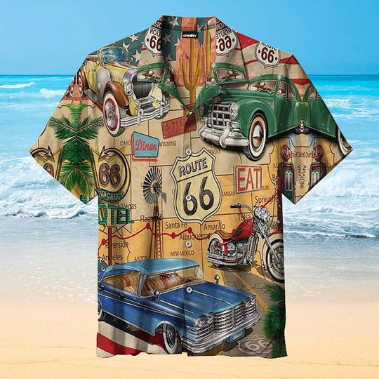 Discover Route 66 Hawaiian Shirt, Muscle Car On Route Hawaiian Shirt