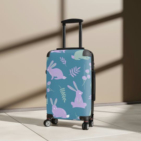 Discover Purple Blue Bunny Pattern Suitcase, Cute Spring Luggage, Easter Bunny Gift, Rabbit Cabin Bag