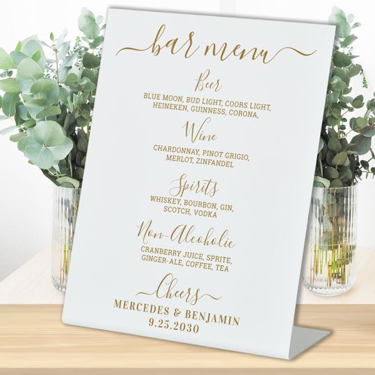Discover Elegant Wedding Bar Gold Personalized Drink Menu  Pedestal Sign