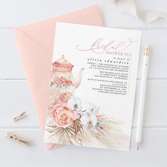 Discover Soft Pink Floral Pampas Grass Bridal Shower Tea Invitation