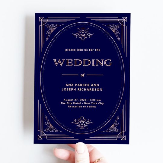 Discover Modern Deco | Faux Rose Gold and Navy Blue Wedding Invitation