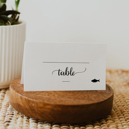 Discover Simple Black Calligraphy Fish Meal Option Wedding Place Card