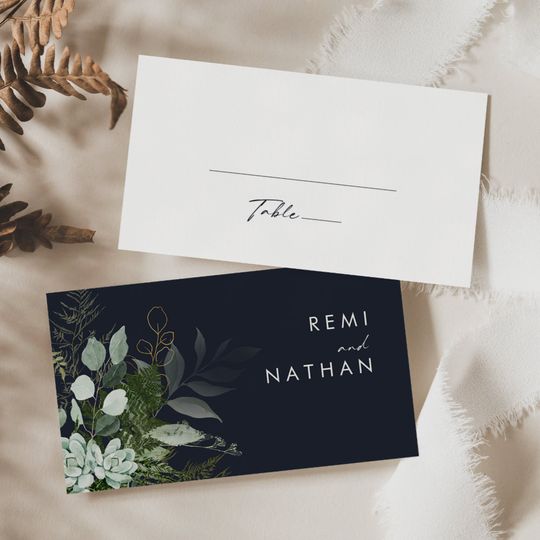 Discover Greenery and Gold Leaf | Dark Navy Wedding Place Card