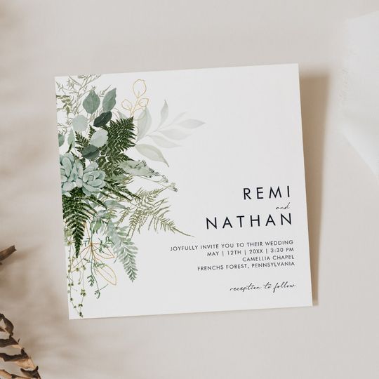 Discover Greenery and Gold Leaf Square Wedding Invitation