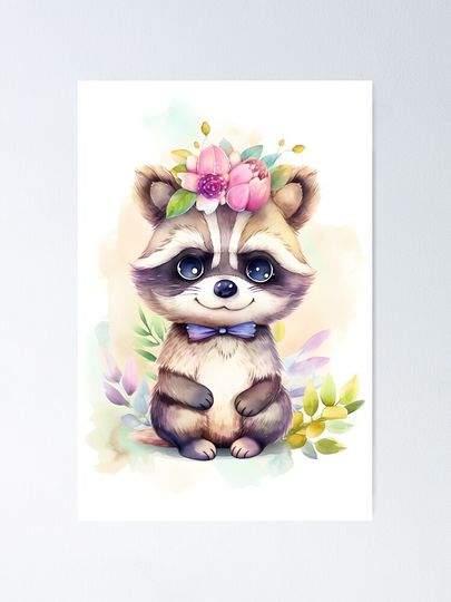 Discover Cute Boho Floral Baby Racoon | Poster