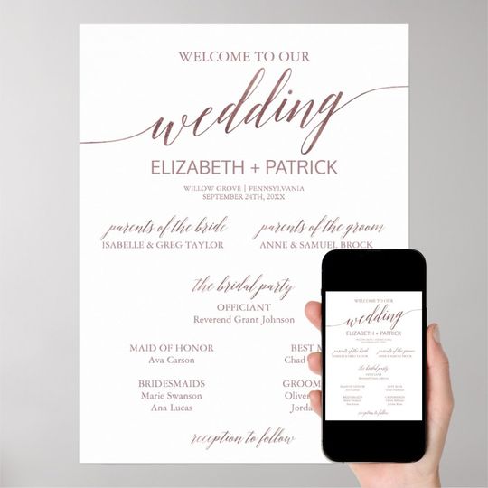 Discover Elegant Rose Gold Calligraphy Sm Wedding Program Poster