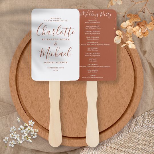 Discover Terracotta Signature Script Wedding Program Hand Fan