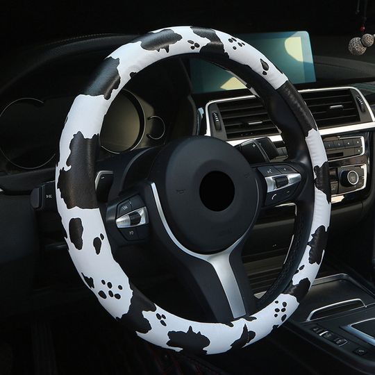 Discover Cow Pattern Leather Steering Wheel Cover, Cute Steerfing Wheel Cover , Black and White Car Interior Decor
