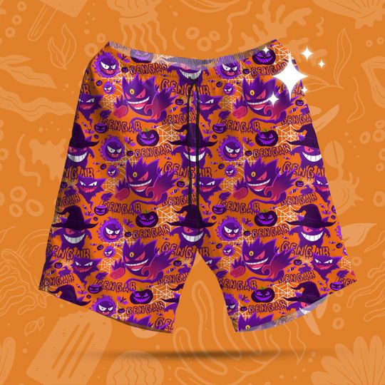 Discover Gengar Halloween Orange Pattern Pumpkin Hawaiian Shorts