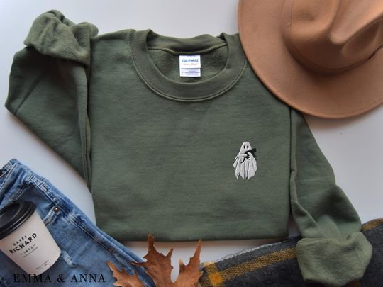Discover Embroidered Ghost Sweatshirt, Halloween Sweatshirt