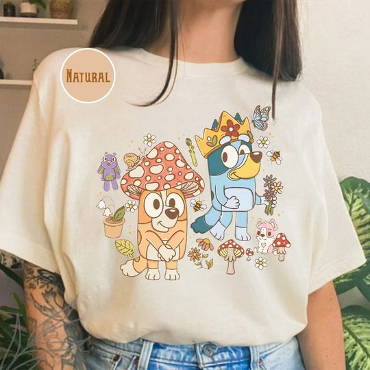 Discover BlueyDad and Bingo in Crowns Shirt, BlueyDad Bingo with Crown and Mushroom