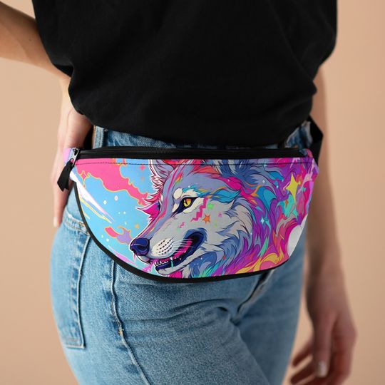Discover Rainbow Wolf Fanny Pack - Vibrant Crossbody Sling Bag, Perfect Bumbag for Beach Festivals