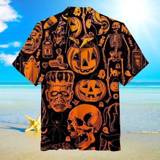Discover Halloween Skull Pumpkin Skeleton Hawaiian Shirt