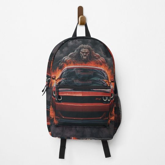 Discover Red Hellcat on Front and exhaust fumes Backpack