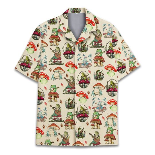 Discover Mushroom and Frog Hawaiian Shirts for Men, Frog Playing Banjo On Mushroom, Cottagecore Shirt, Mushroom Shirts for Men Button Down