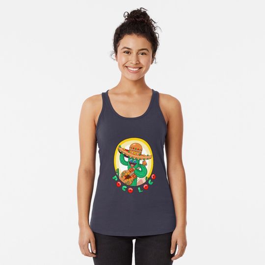 Discover Poco loco, a cartoon cactus mascot in a Mexican hat who plays the guitar Racerback Tank Top
