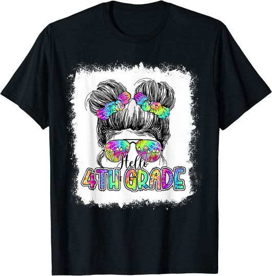 Discover Hello 4th Grade Messy Bun Girls Tie Dye Cute Back To School T-Shirt