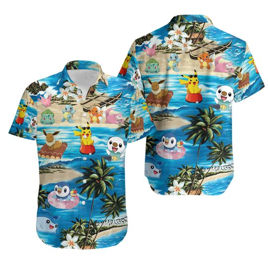 Discover PKM Hawaii Shirt, Bulbasaur Charmander Button Up Pika Summer Vacation Beach Family Shirt