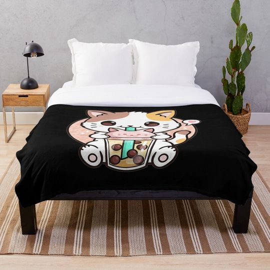 Discover Cat Boba Tea Bubble Tea Anime Kawaii Japanese Girls Teenager Throw Blanket