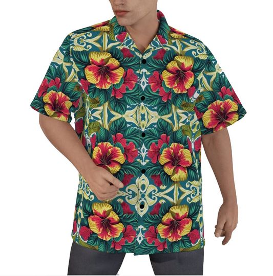 Discover Hibiscus Red Floral Flower Aloha Hawaiian Shirt Red Green