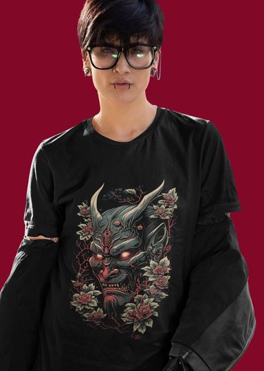 Discover Otaku Gothic Ferocious Oni Mask Shirt Spooky Tshirt