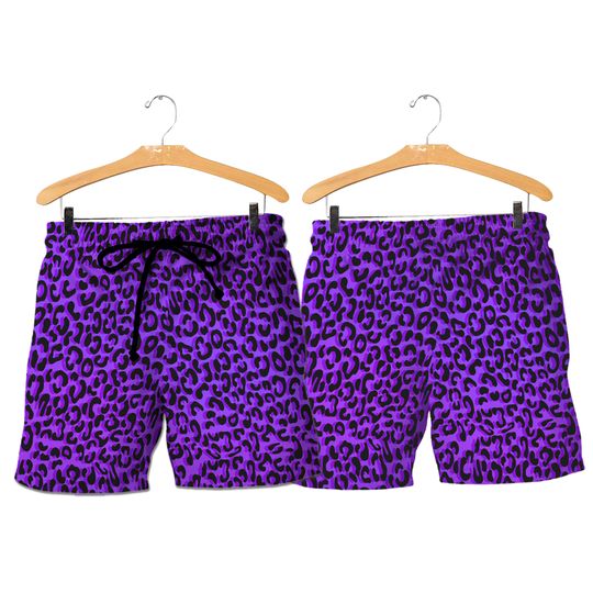 Discover Men's Mid-Length Purple Leopard Print Swim Shorts with Pockets