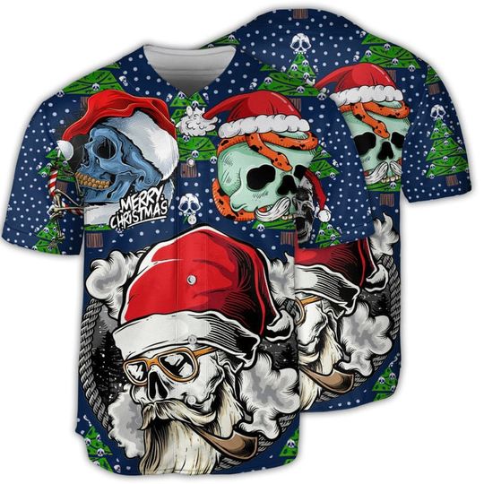 Discover Skull With Santa Hat Merry Christmas, Baseball Jersey Shirt, Skull Lover Gift