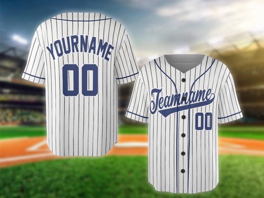 Discover White with Navy Stripes Baseball Jersey Shirt Custom Team Name and Number